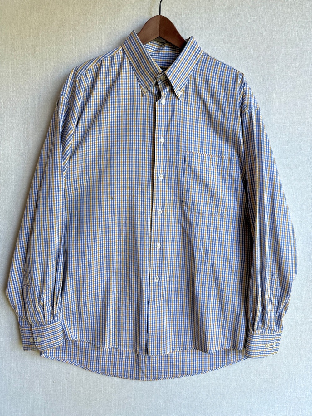 VTG Burberry London Button Down Shirt XL Blue Yellow Plaid Check 100% Cotton USA